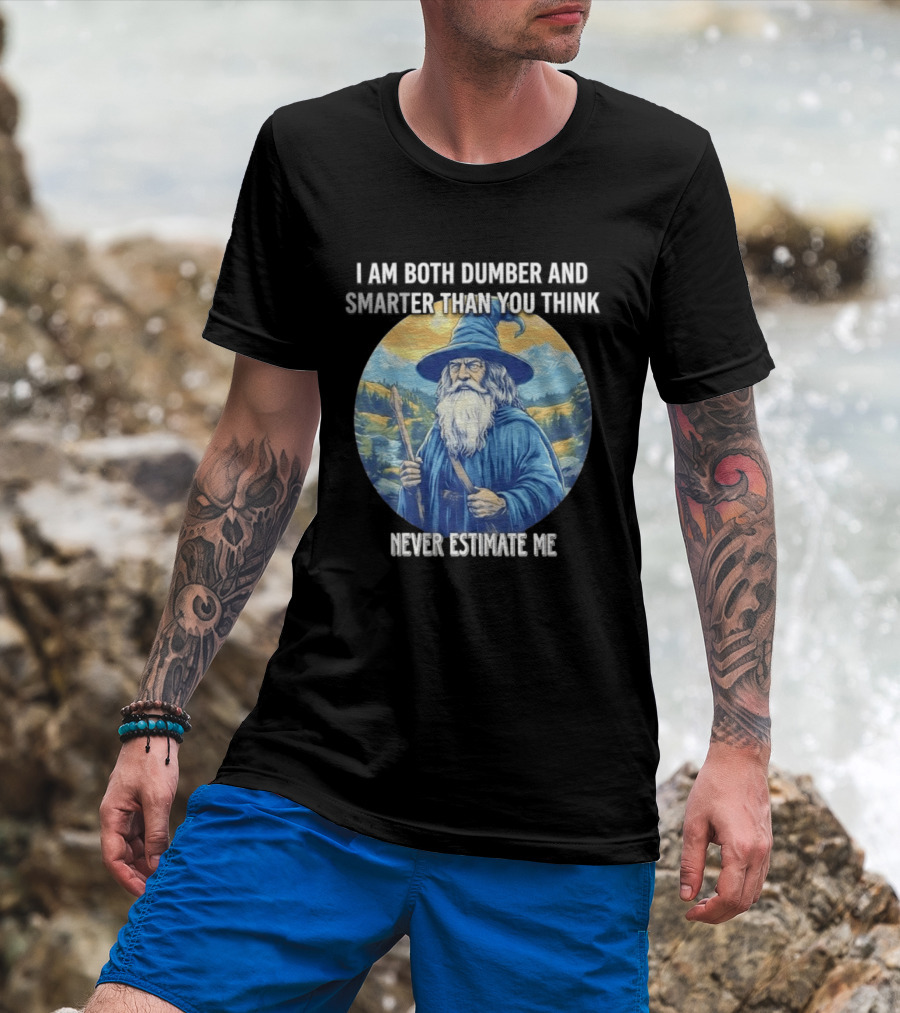 I Am Both Dumber And Smarter Than You Think Never Estimate Me Wizard Blue Robe And Hat Mountain T-Shirt