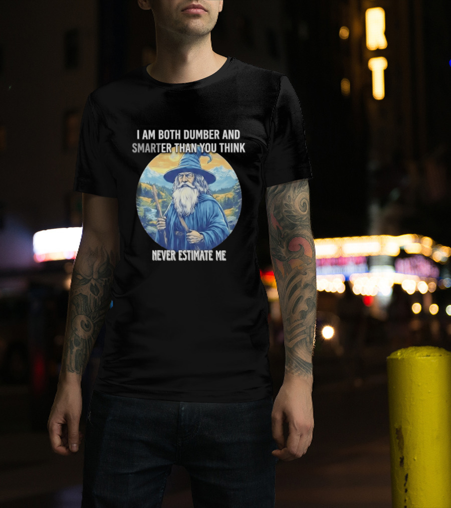 I Am Both Dumber And Smarter Than You Think Never Estimate Me Wizard Blue Robe And Hat Mountain T-Shirt
