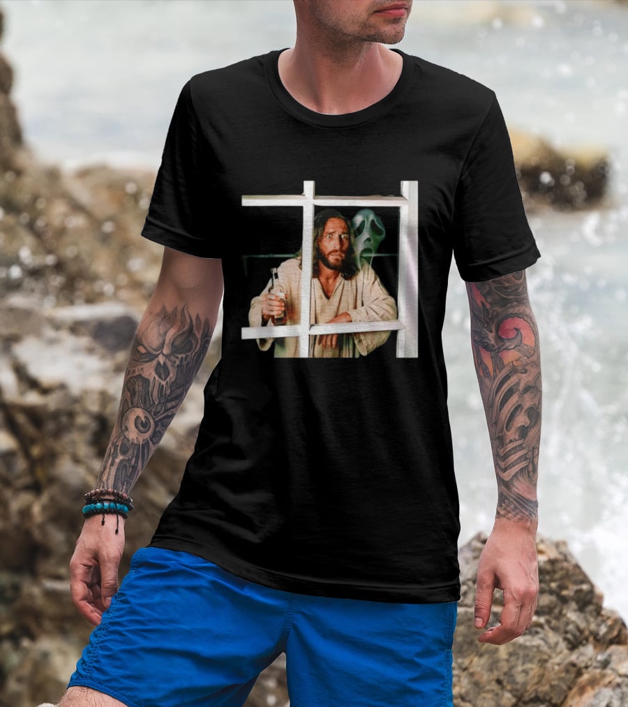 Jesus Drinking Whiskey With Ghostface Killer Behind Window T-Shirt