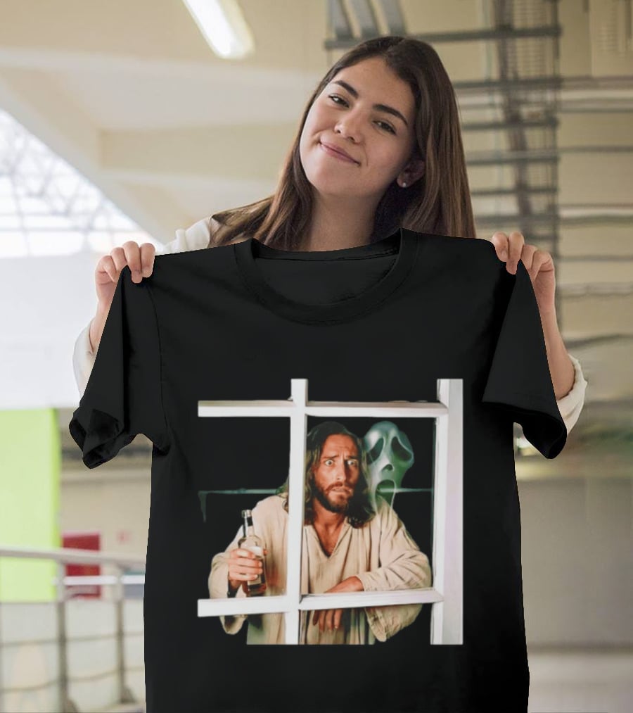 Jesus Drinking Whiskey With Ghostface Killer Behind Window T-Shirt