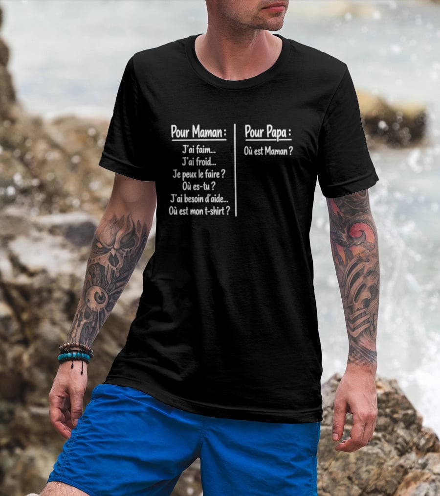 Pour Maman Papa J'ai Faim Froid Parenting Humor Où Est Maman Comparison T-Shirt
