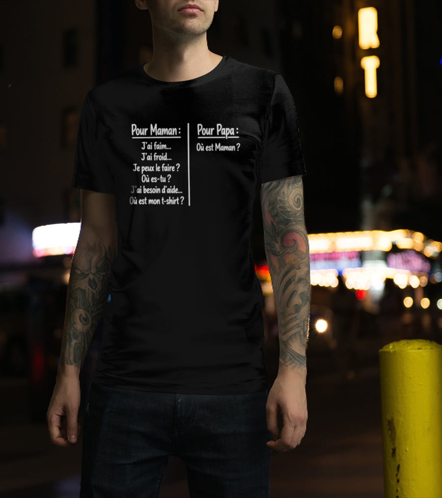 Pour Maman Papa J'ai Faim Froid Parenting Humor Où Est Maman Comparison T-Shirt