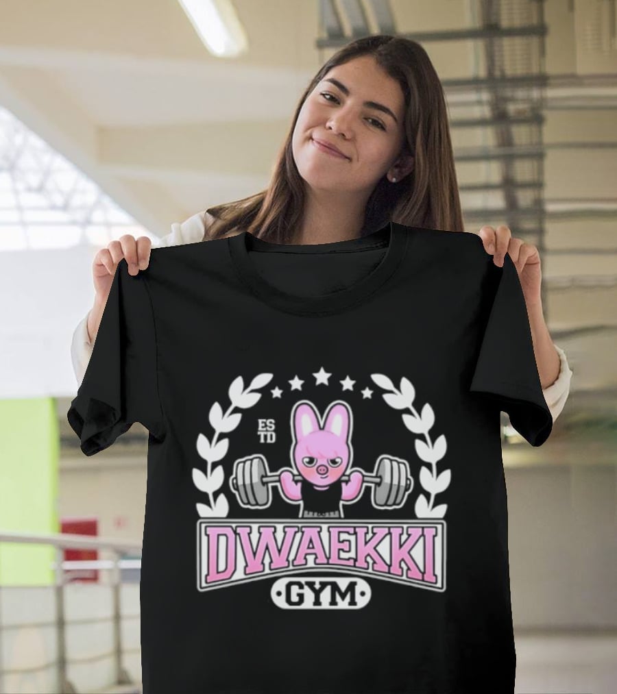 Dwaekki Gym Stray Hyunjin SKZOO K Pop Weightlifting Bunny Character Fitness Fan Gear T-Shirt