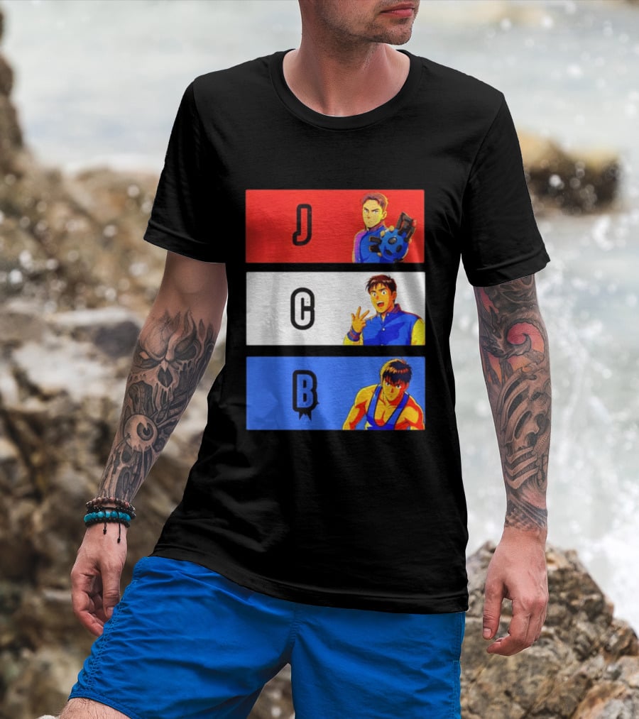 JCB Anime Characters Red White Blue Panels T-Shirt