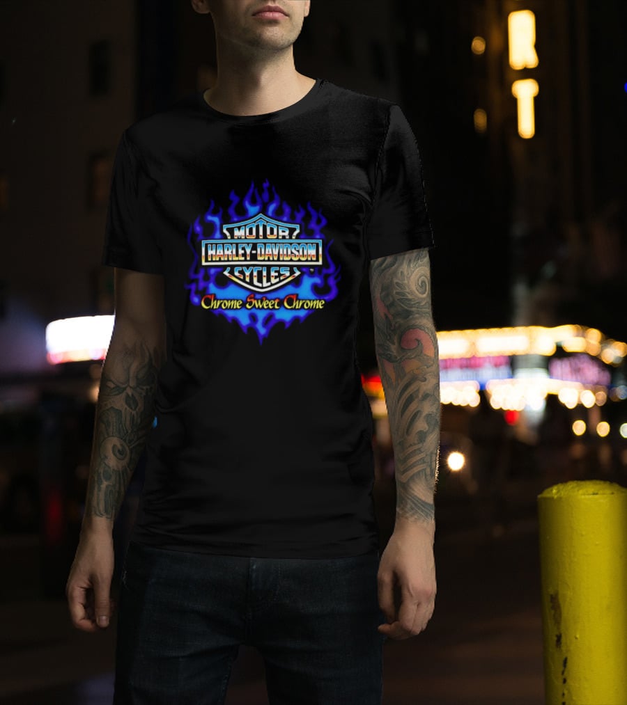 Harley Davidson Motor Cycles Chrome Sweet Chrome Blue Flames T-Shirt