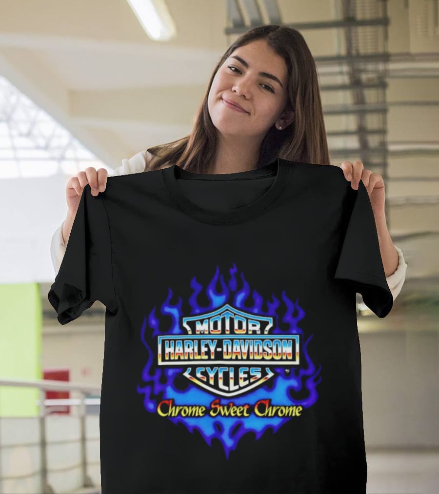Harley Davidson Motor Cycles Chrome Sweet Chrome Blue Flames T-Shirt