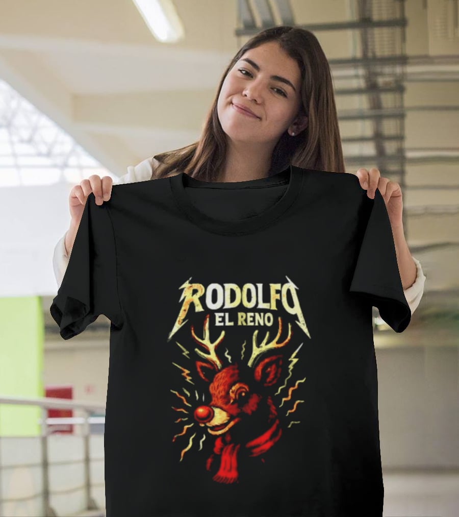 Rodolfo El Reno Heavy Metal Reindeer Christmas Lightning Antlers T-Shirt