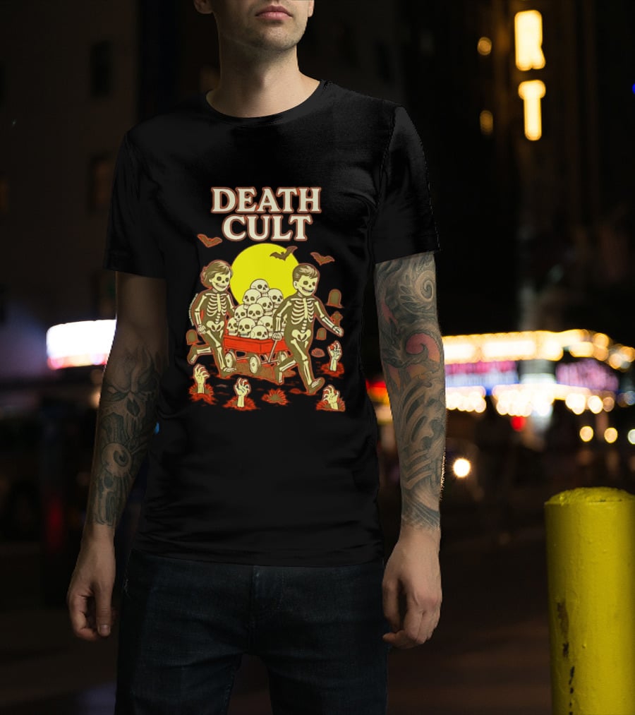 Death Cult Skeleton Kids Hauling Skull Filled Wagon With Rising Hands And Bats T-Shirt