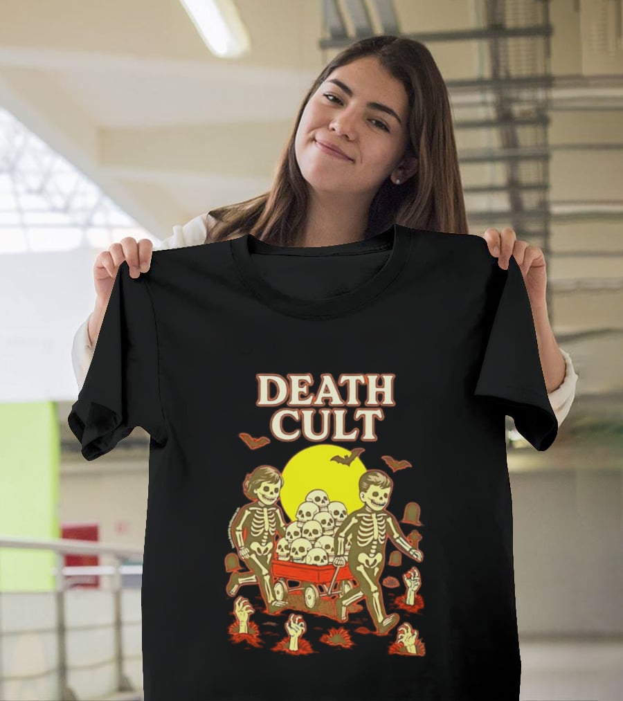 Death Cult Skeleton Kids Hauling Skull Filled Wagon With Rising Hands And Bats T-Shirt