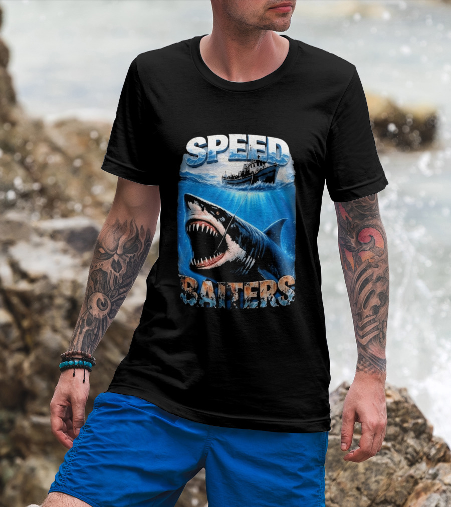 Speed Baiters Shark With Boat And Ocean T-Shirt