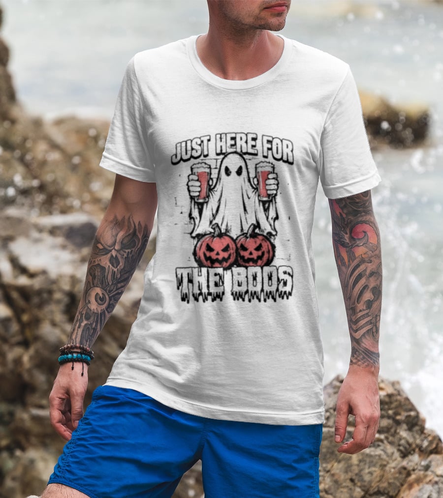 Just Here For The Boos Ghost With Beers And Pumpkins Halloween T-Shirt