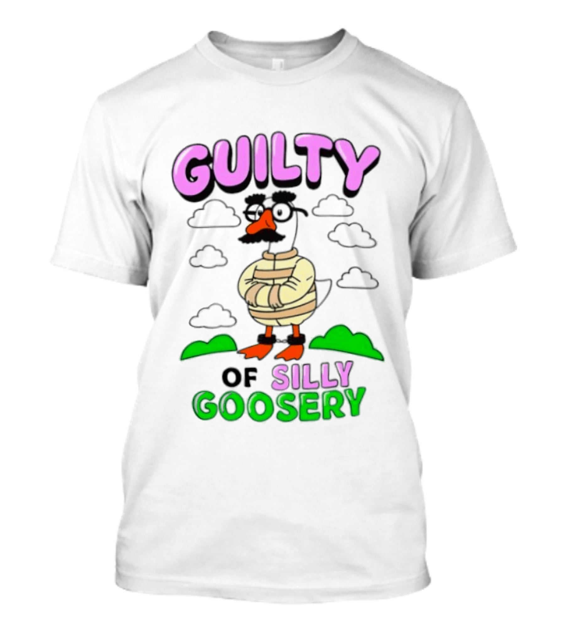 Guilty Of Silly Goosery Cartoon Goose In Striped Suit T-Shirt