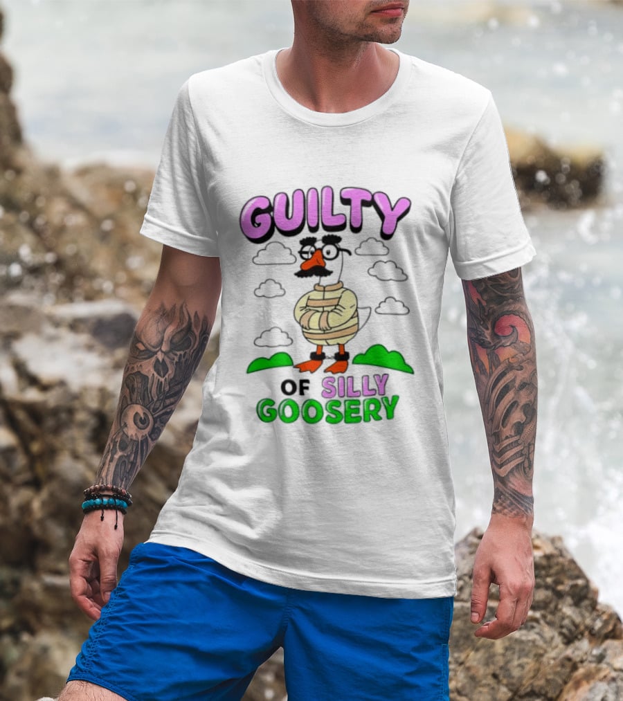 Guilty Of Silly Goosery Cartoon Goose In Striped Suit T-Shirt