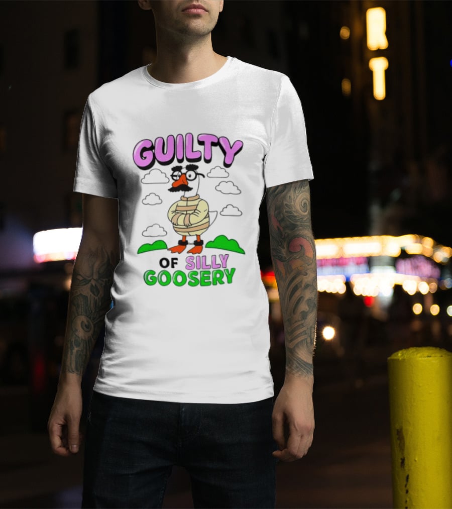 Guilty Of Silly Goosery Cartoon Goose In Striped Suit T-Shirt
