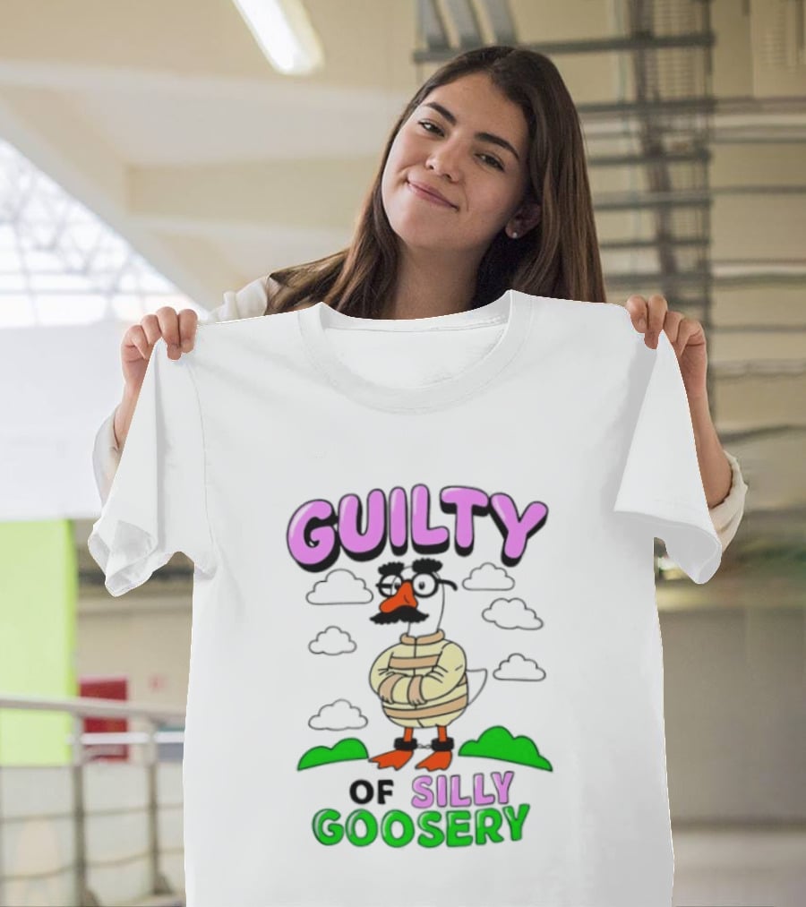 Guilty Of Silly Goosery Cartoon Goose In Striped Suit T-Shirt