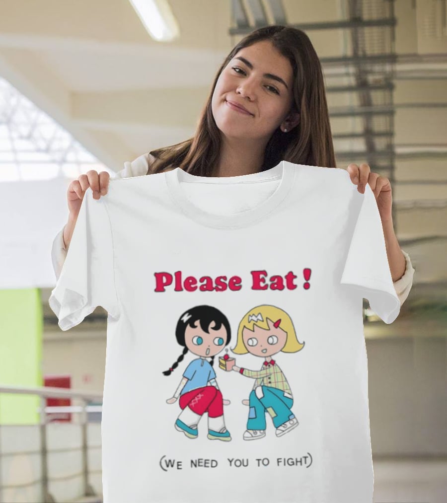 Please Eat We Need You To Fight Vintage Anime Style Cartoon Characters Sharing Food T-Shirt