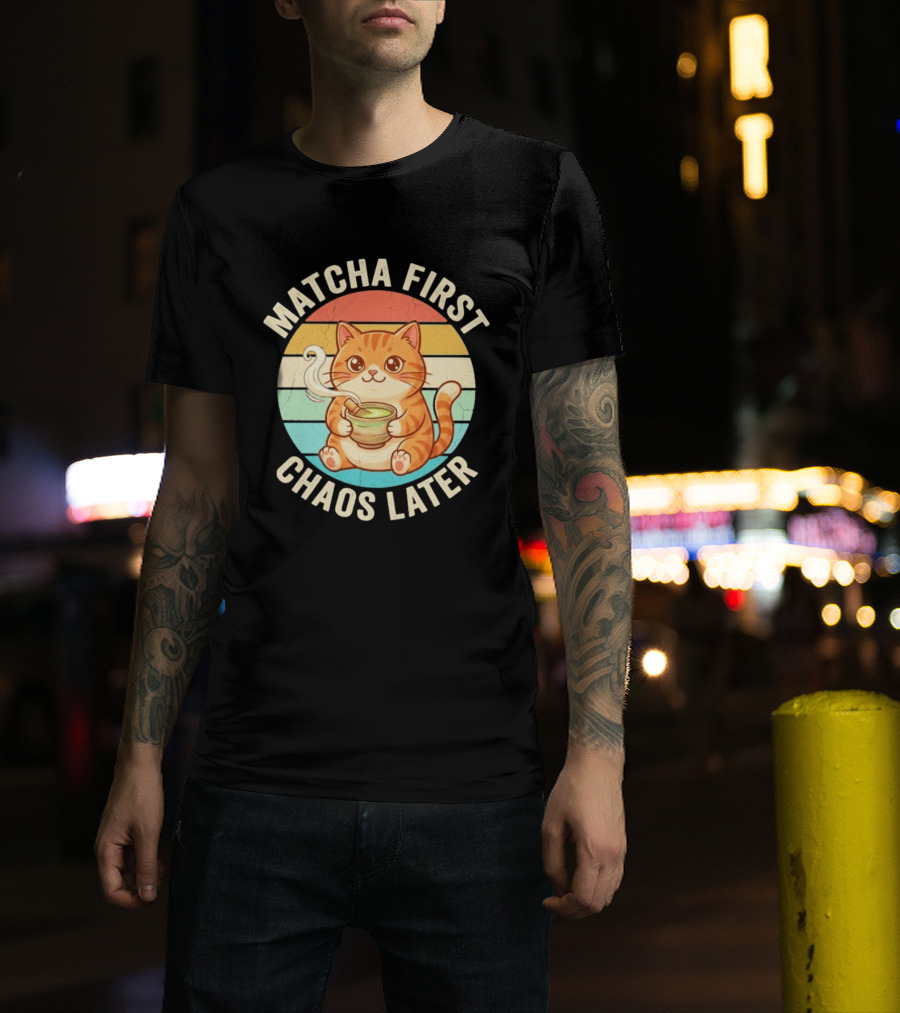 Matcha First Chaos Later Cat Retro Stripes Tea T-Shirt