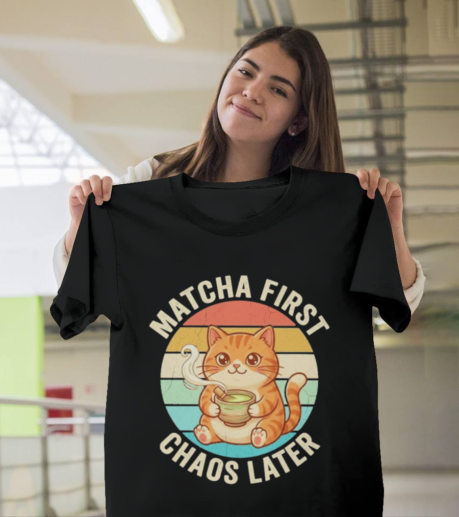 Matcha First Chaos Later Cat Retro Stripes Tea T-Shirt