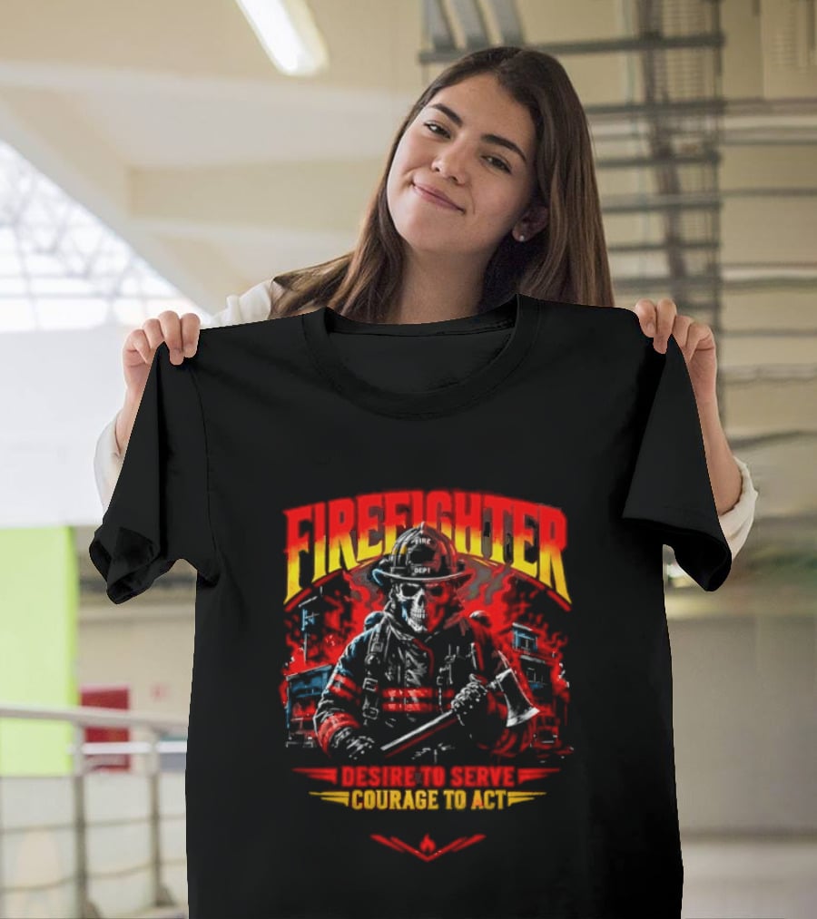 Firefighter Skull Desire To Serve Courage To Act Vintage Fireman Helmet And Axe T-Shirt