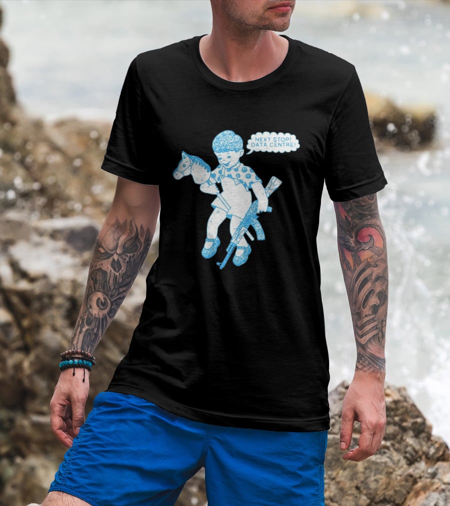 Next Stop Data Centre Kid With Hobby Horse And Toy Rifle Tech Humor T-Shirt