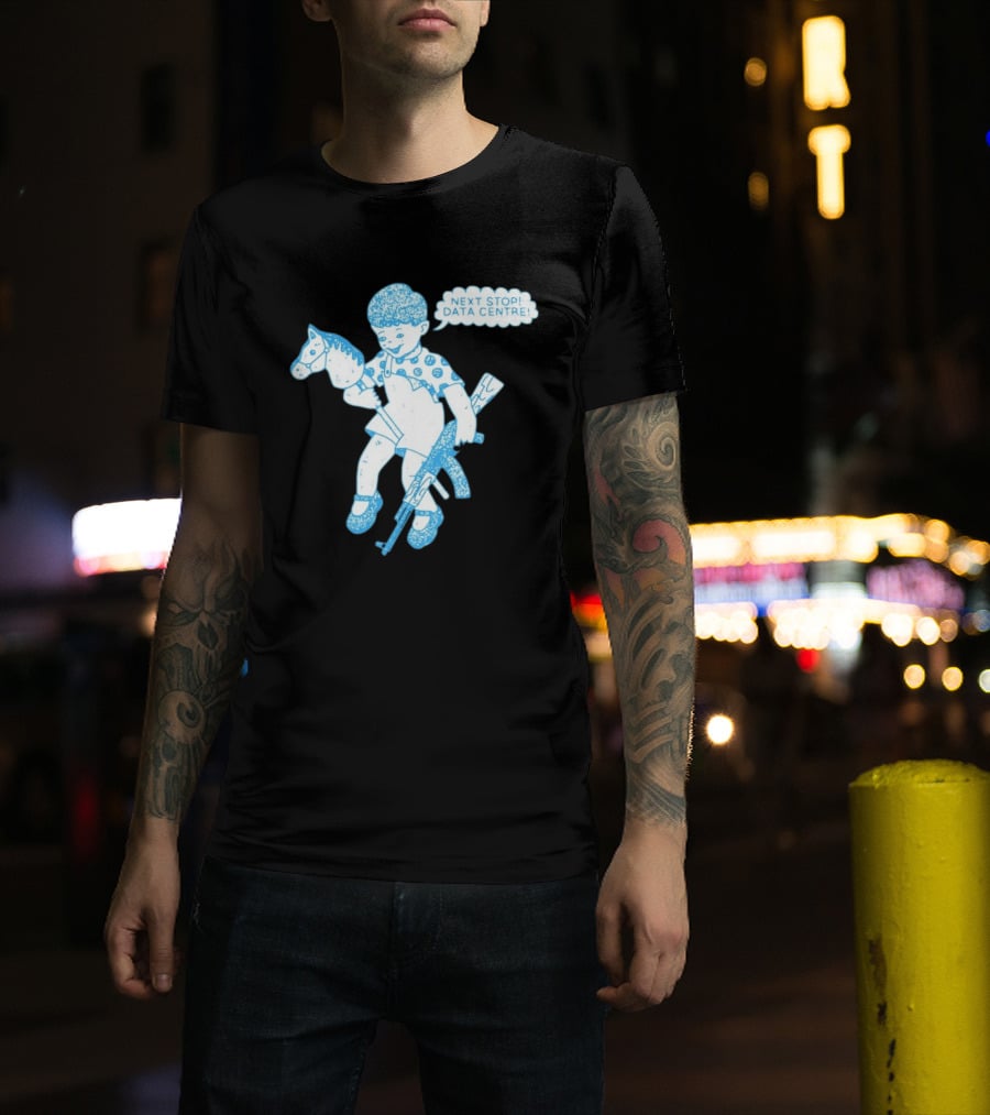 Next Stop Data Centre Kid With Hobby Horse And Toy Rifle Tech Humor T-Shirt