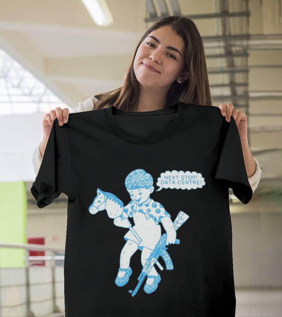 Next Stop Data Centre Kid With Hobby Horse And Toy Rifle Tech Humor T-Shirt
