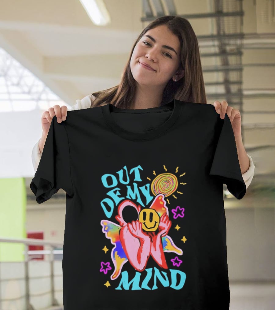 Out Of My Mind Smiley Face Butterfly Psychedelic Sunburst Fantasy Flowers T-Shirt