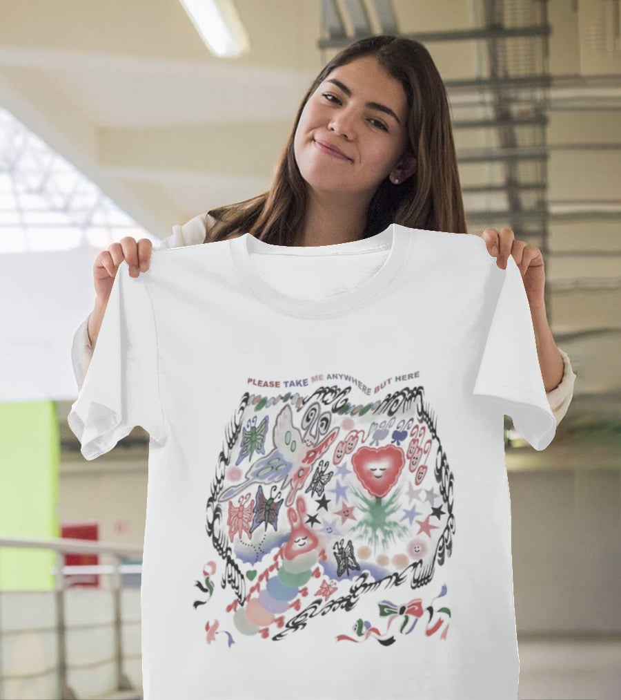 Please Take Me Anywhere But Here Colorful Butterflies And Heart T-Shirt