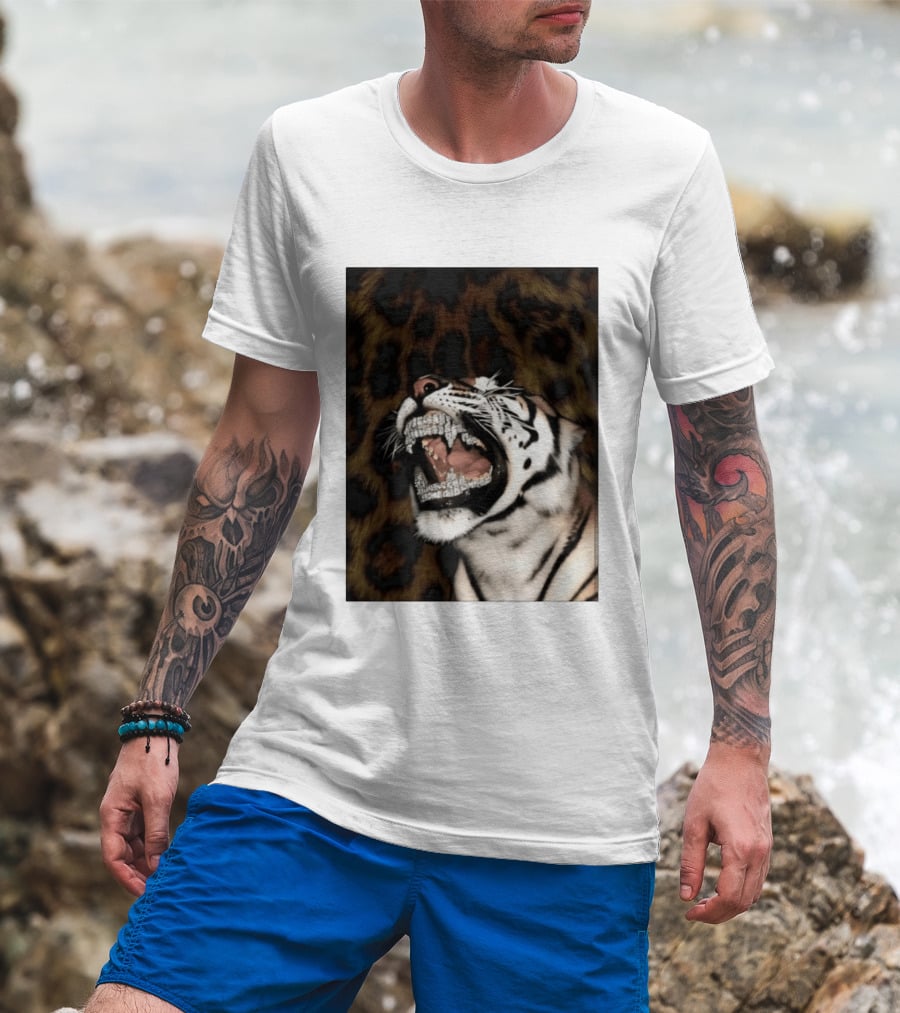 Tiger Diamond Grillz Iced Out Animal Roaring With Leopard Print T-Shirt
