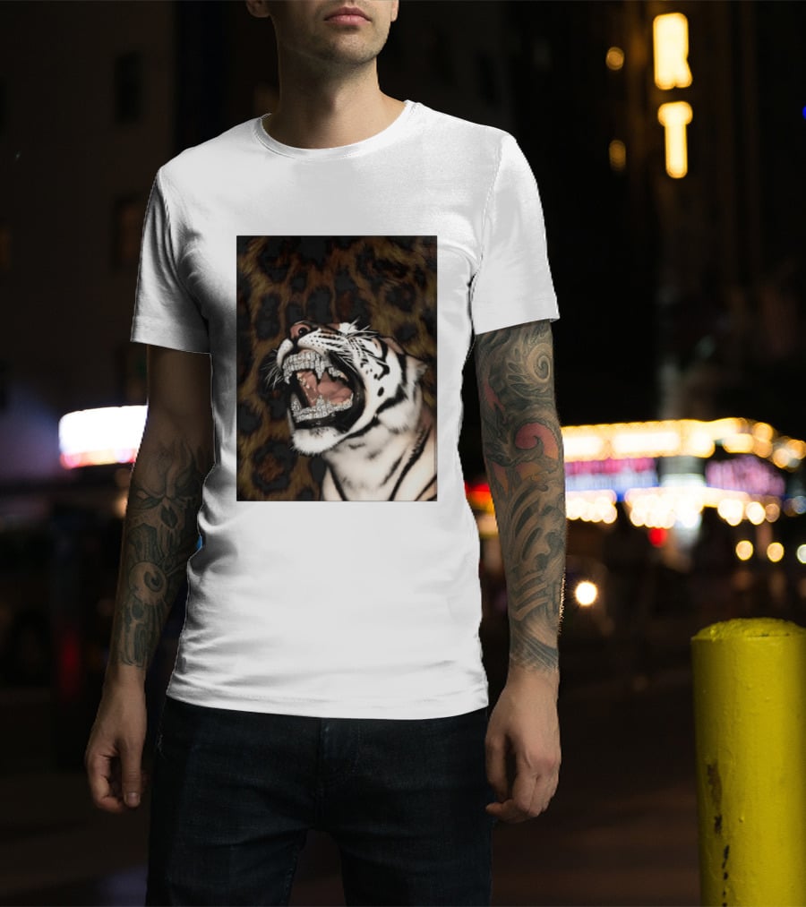 Tiger Diamond Grillz Iced Out Animal Roaring With Leopard Print T-Shirt