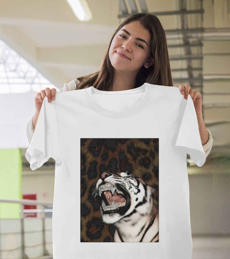 Tiger Diamond Grillz Iced Out Animal Roaring With Leopard Print T-Shirt