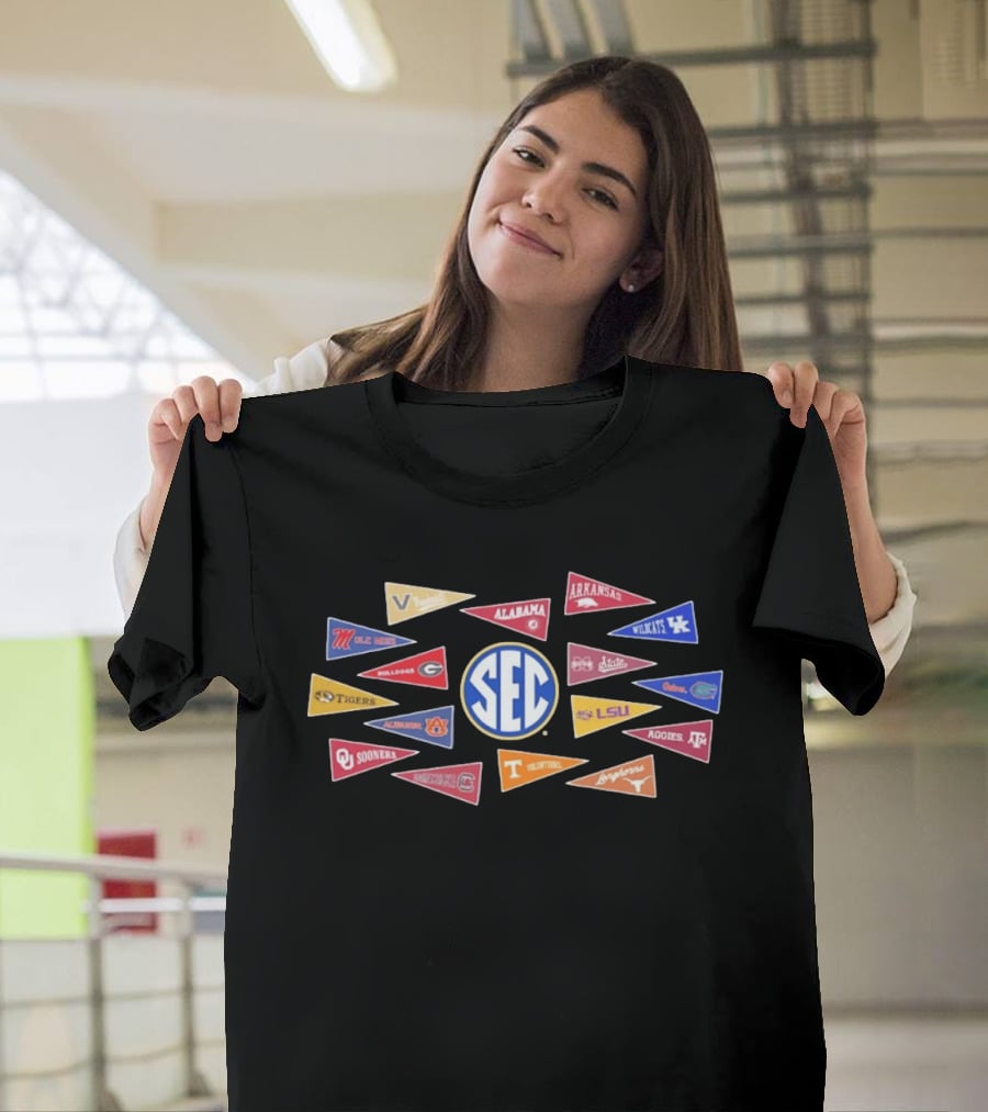 SEC Colleges Football Pennants Alabama Georgia LSU Florida Tennessee Oklahoma T-Shirt