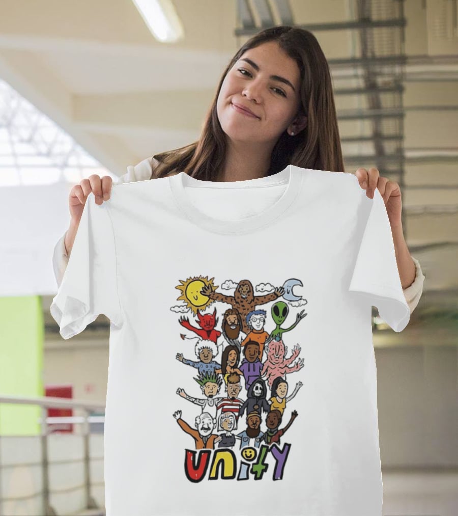 Unity Cartoon Characters Doodle Diverse Characters Aliens Bigfoot Devil Sun Moon T-Shirt