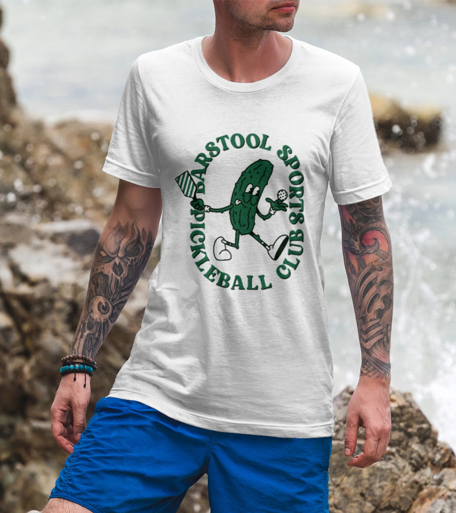 Barstool Sports Pickleball Club Animated Pickle Character With Paddle And Ball T-Shirt