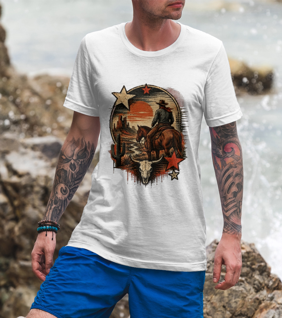 Cowboy On Horseback Under Desert Sunset With Cactus And Skull T-Shirt