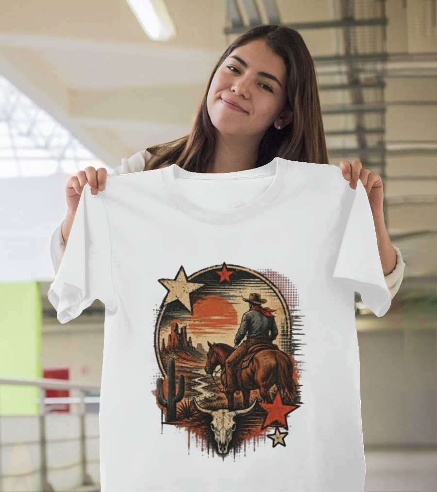 Cowboy On Horseback Under Desert Sunset With Cactus And Skull T-Shirt