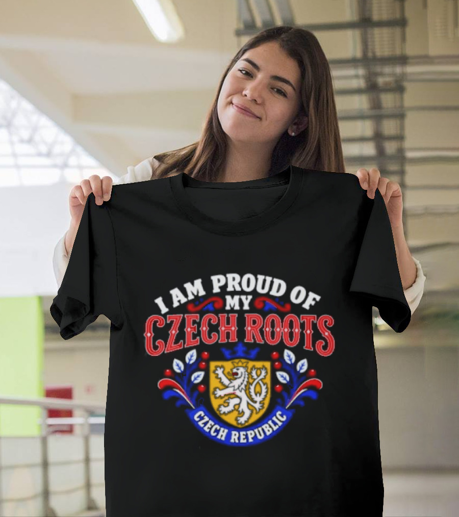 I Am Proud Of My Czech Roots Czech Republic Crest With Lion And Floral Motif T-Shirt