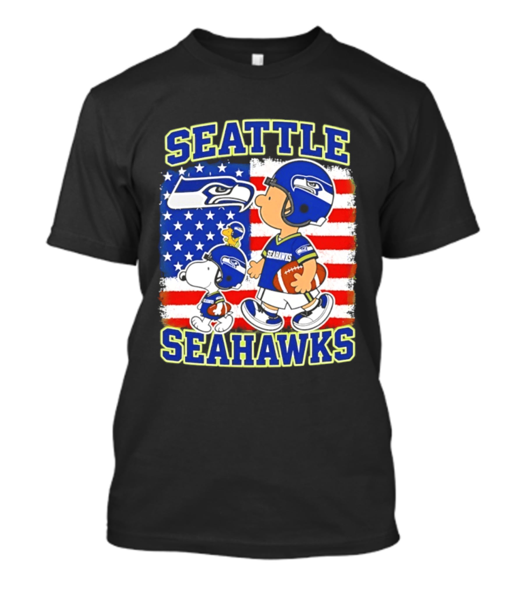 Snoopy Charlie Brown Seattle Seahawks American Flag Football T-Shirt