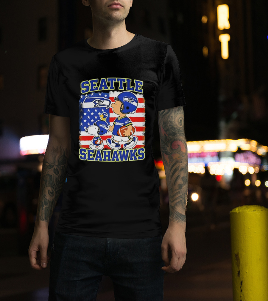 Snoopy Charlie Brown Seattle Seahawks American Flag Football T-Shirt