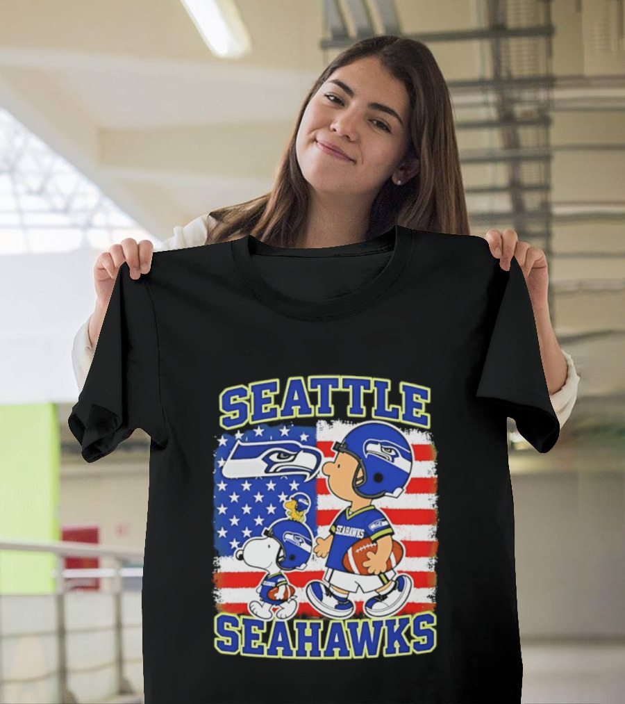 Snoopy Charlie Brown Seattle Seahawks American Flag Football T-Shirt