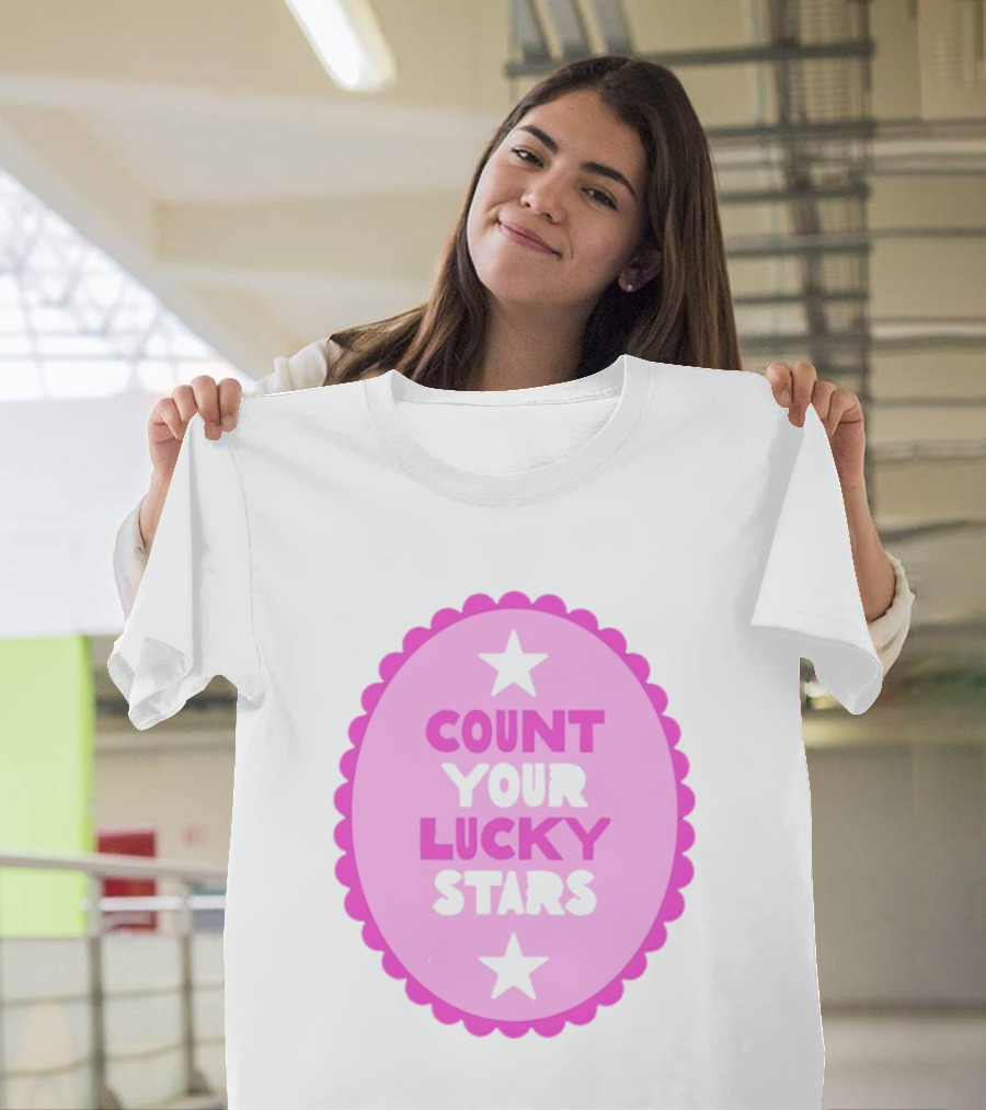 Count Your Lucky Stars Pink Oval Motivational Message T-Shirt