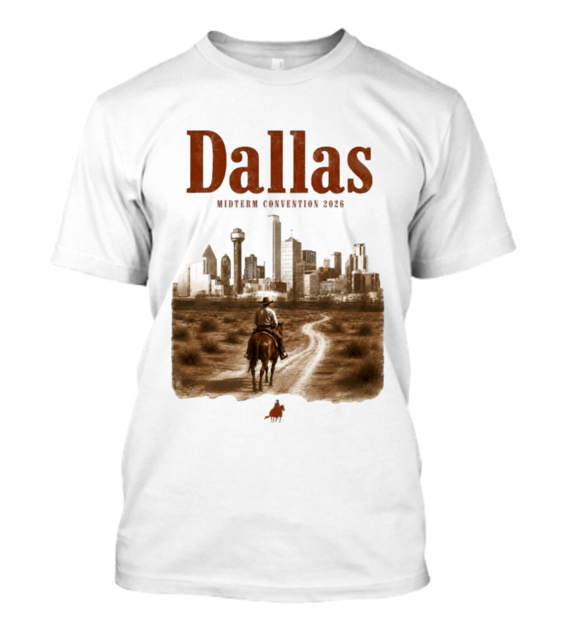 Dallas Midterm Convention 2026 Texas Politics Skyline Cowboy Scene T-Shirt