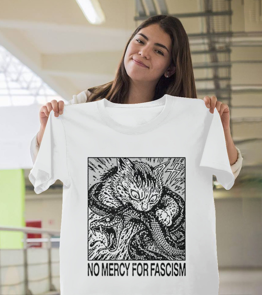 No Mercy For Fascism Cat Fighting Snake T-Shirt