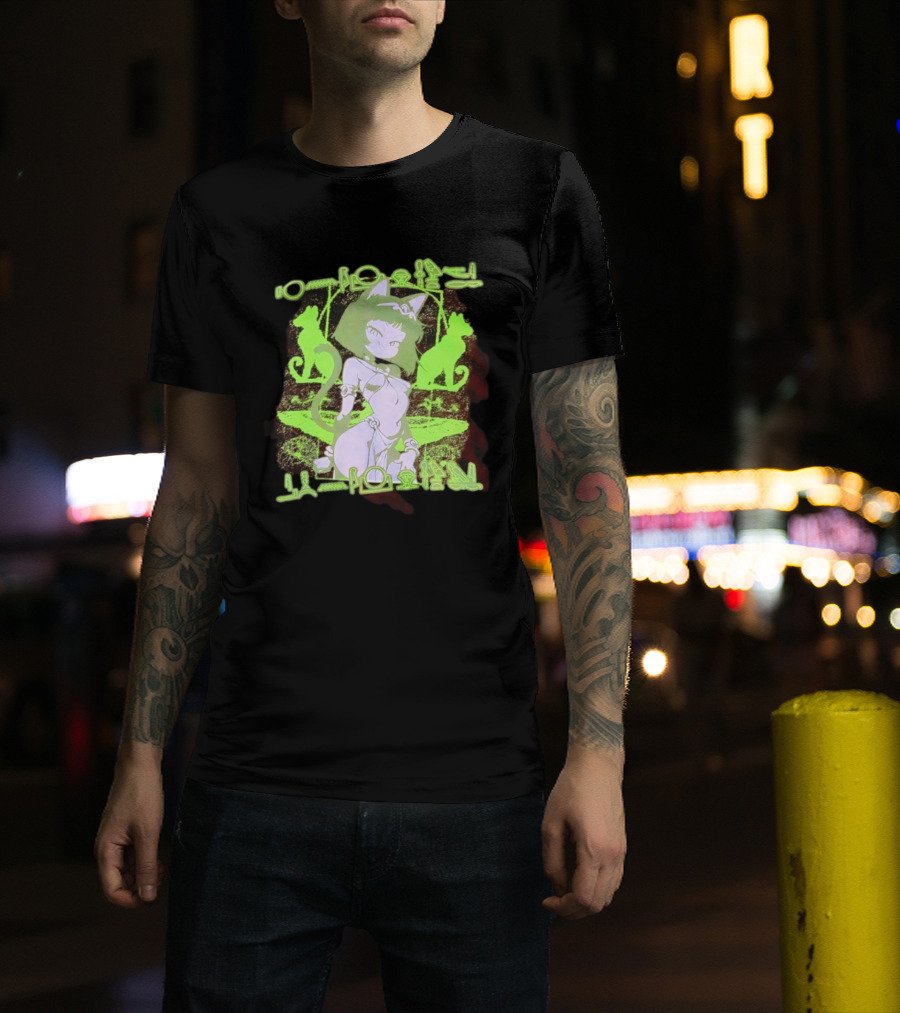Anime Cat Girl Egyptian Hieroglyphics Neon Green Aesthetic T-Shirt