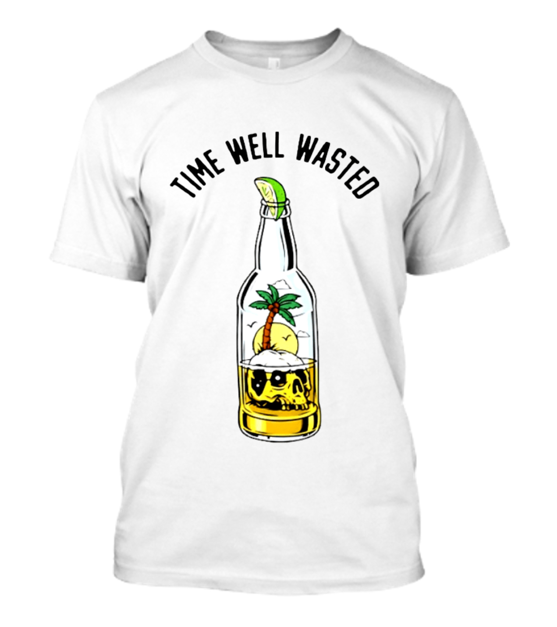 Time Well Wasted Skull And Palm Tree In Bottle With Lemon Slice T-Shirt