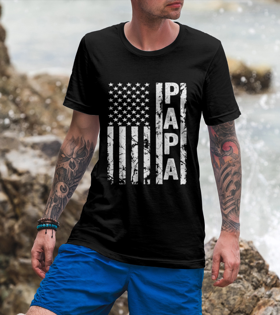 Papa USA Flag Distressed Style Stars And Stripes T-Shirt