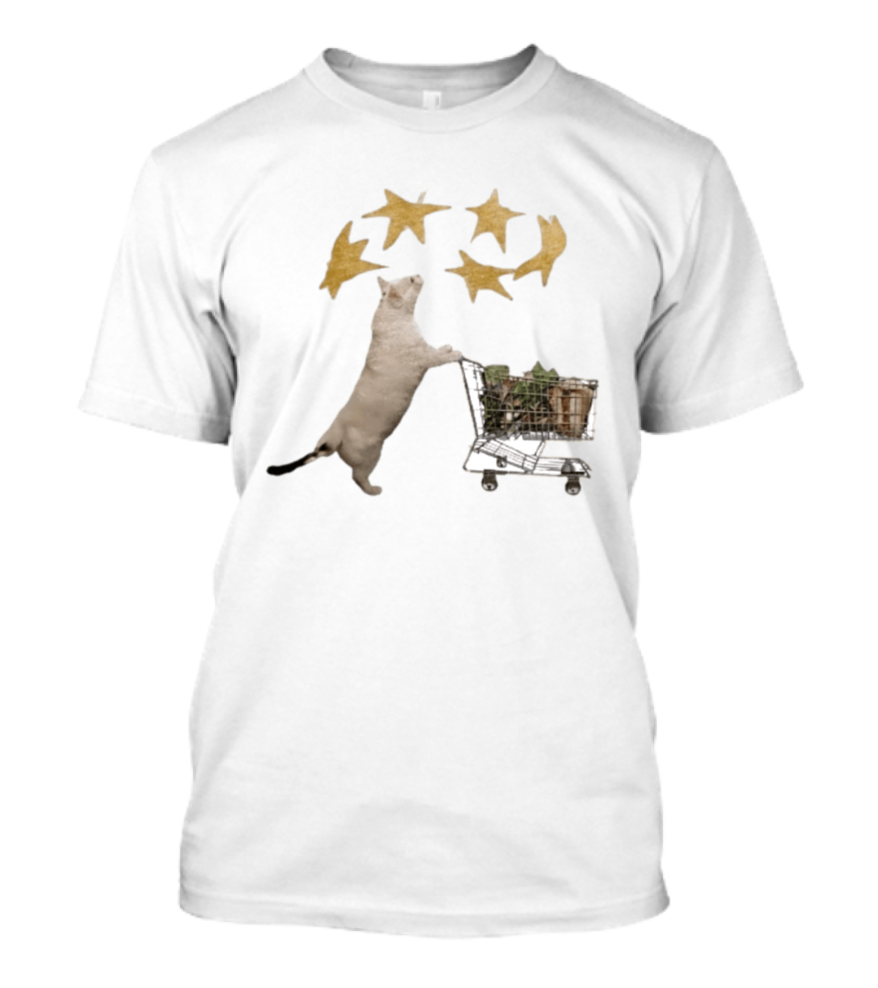 Cat Pushes Shopping Cart With Golden Stars Above T-Shirt