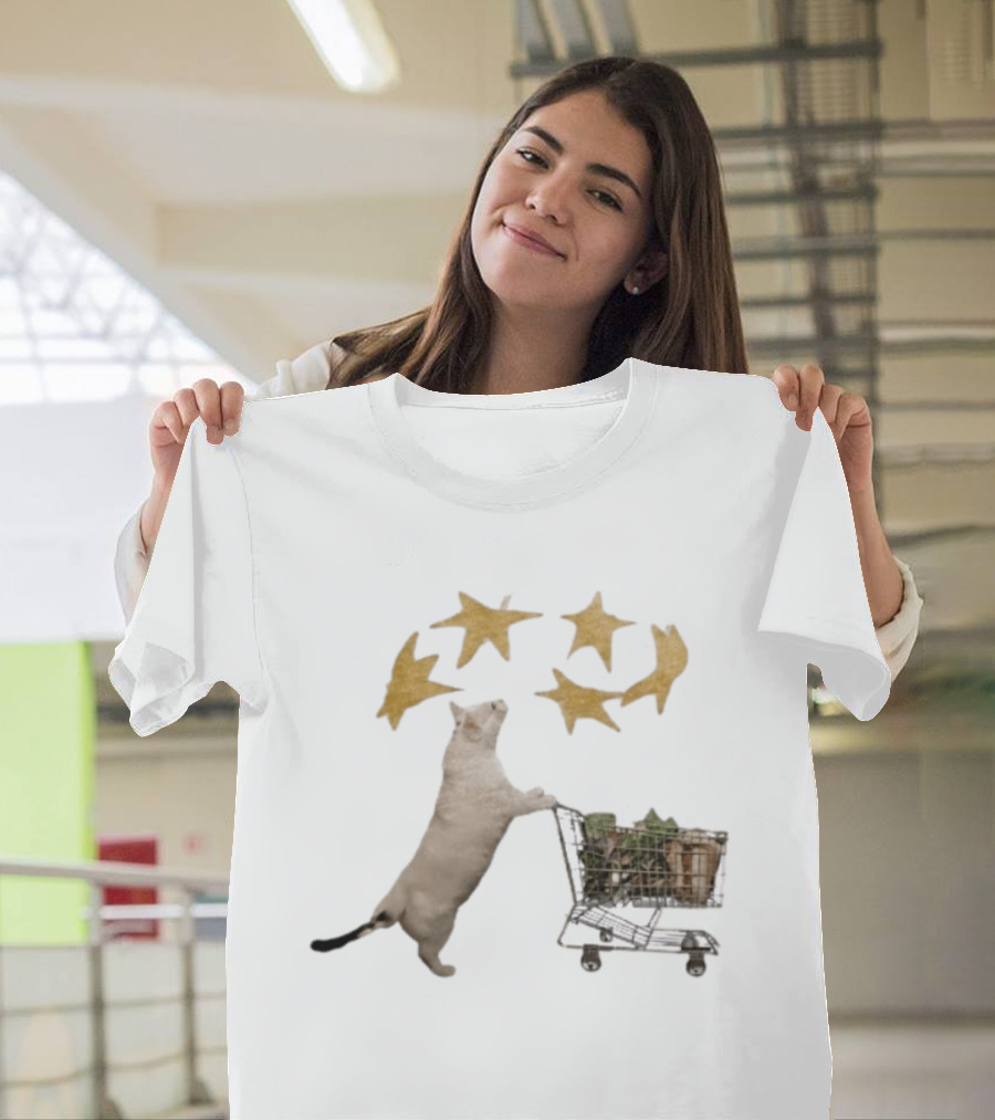 Cat Pushes Shopping Cart With Golden Stars Above T-Shirt