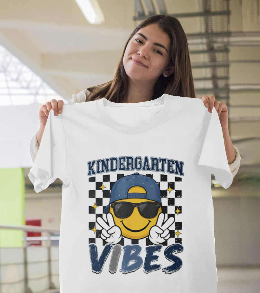 Kindergarten Vibes Smiley Face Sunglasses Peace Sign Checkered T-Shirt