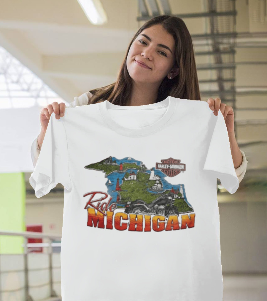 Ride Michigan Harley Davidson Motor Cycles Island Map And Lighthouse T-Shirt
